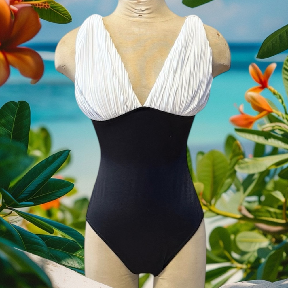 Mainstream Vintage Swimsuit Black White One Piece Bodysuit Grecian S Small 12